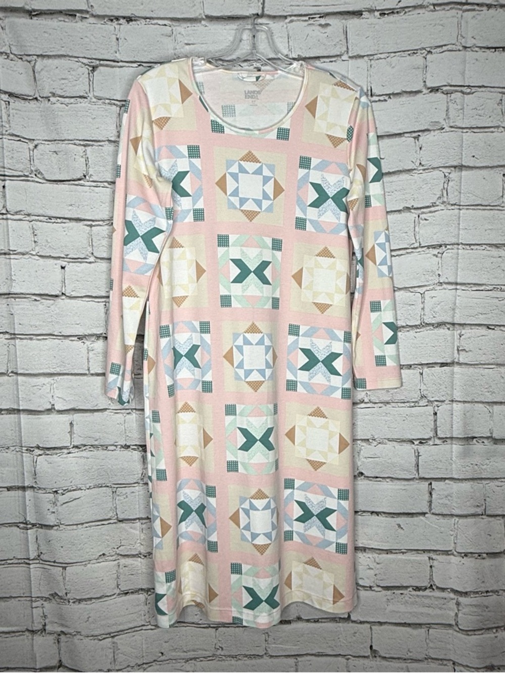 Lands End Long Sleeve Mid Calf Nightgown Size S 6-8 Pastel Quilt Star PJs Lounge